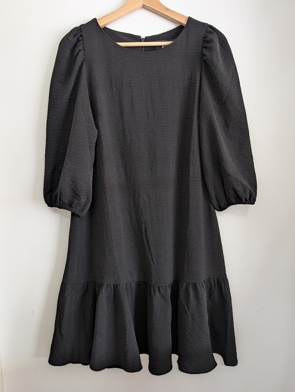 DKNY Small Oversized Dress Crinkle Black Ruffle Flowy Gown Mini 3/4 Longsleeve